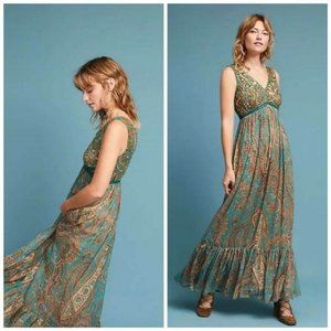 NWT Ranna Gill Anthropologie Turquoise/Gold Beaded Boho Maxi Dress Size 8